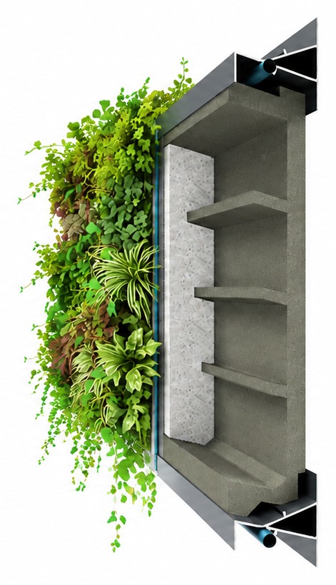 LivingPANELS module in cross-section: mineral-bound vegetation carrier in the tray with baffle elements, planted with perennials