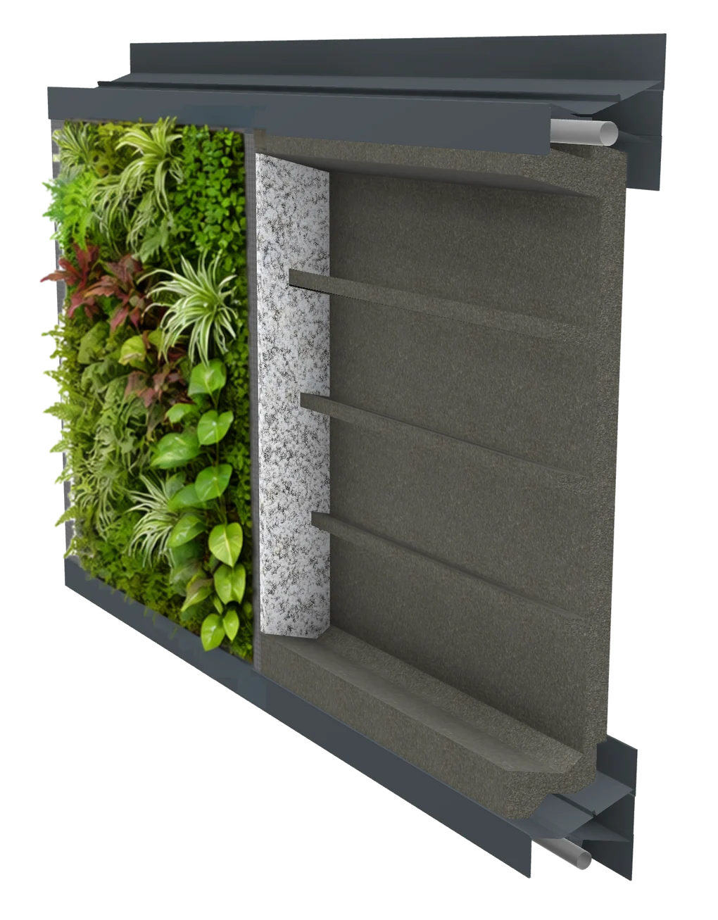 Cross-section of a LivingPANEL: planting, mineral vegetation carrier, carrier tray with baffle elements and mounting rails